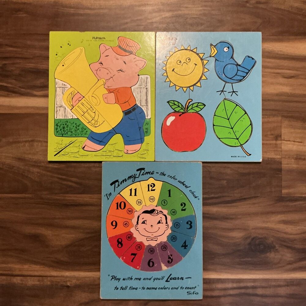 3 Vintage 1950-80sPLAYSKOOL & SIFO Wood Puzzles | Pig & Tuba | Clock | Wildlife